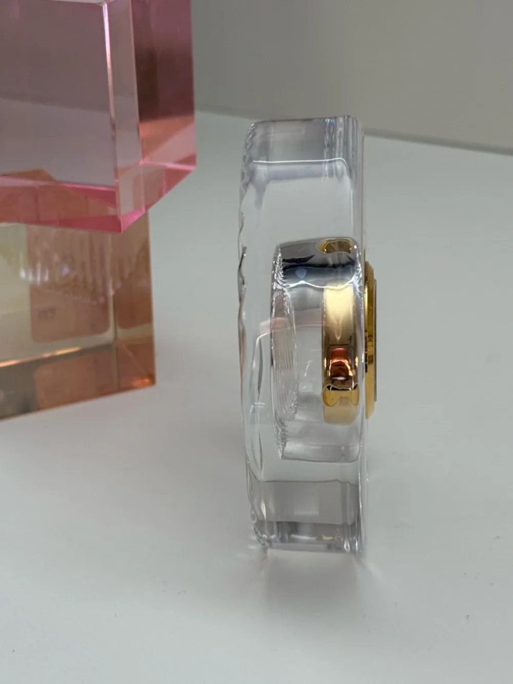 Vintage Sasaki Clear Crystal Quartz Desk Clock with Gold Accents